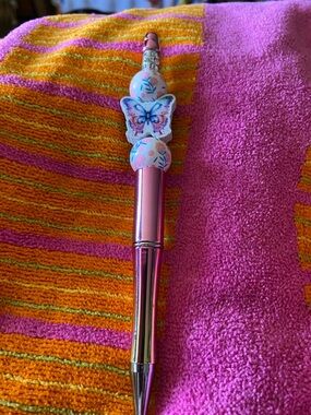 Pink Butterfly Bead Ballpoint Pen - Decorative Writing Accessory